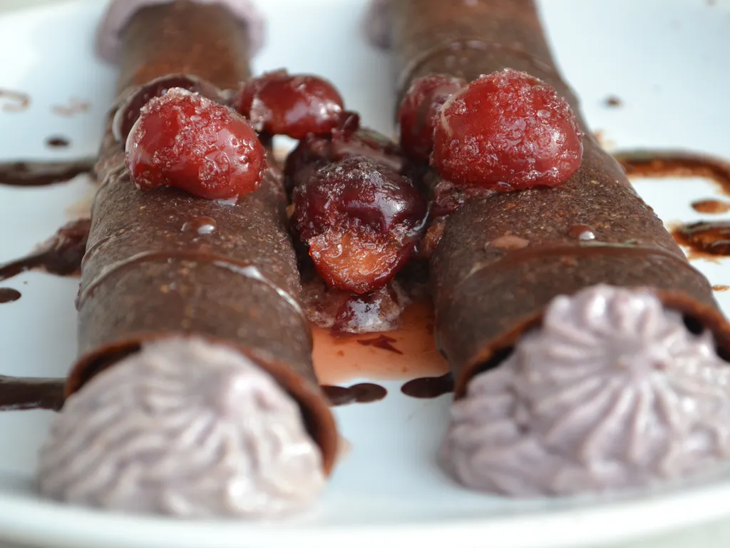 RAW CACAO BANANA PANCAKES WITH CHERRY FILLING