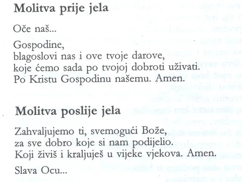 Molitva prije jela iz molitvenika "Obitelj pred Bogom", Kršćanska sadašnjost, Zagreb, 1994., str. 66