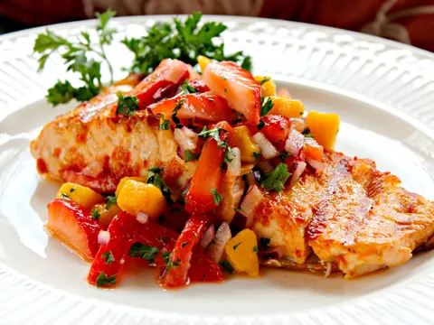 Red peppers-Garlic Salmon with Strawberry-Mango salsa...