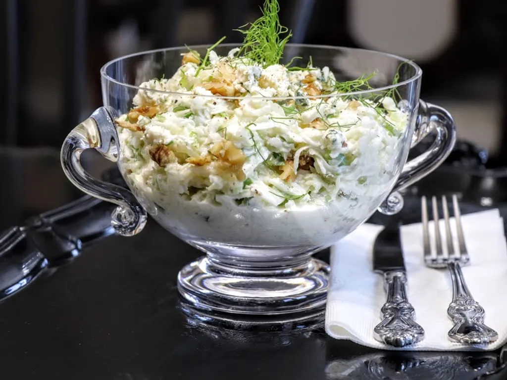 Kohlrabi fennel slaw with blue cheese and walnuts