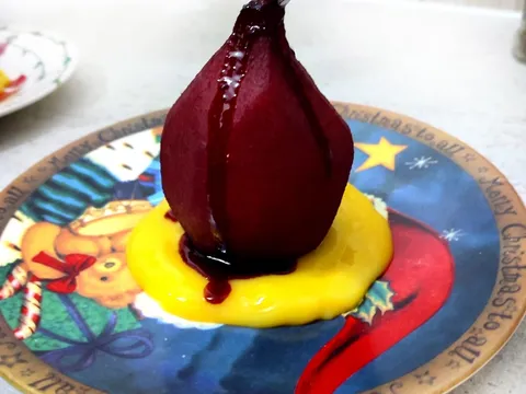 Ruby wine poached pear