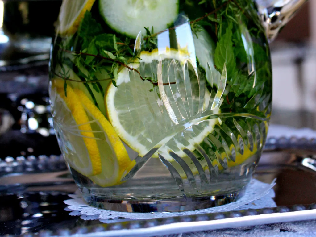 Hladna voda sa ukusom krastavca i limuna sa svežim začinskim biljkicama