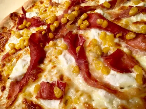 Corn Prosciutto and Ricotta Pizza by Laura Vitale
