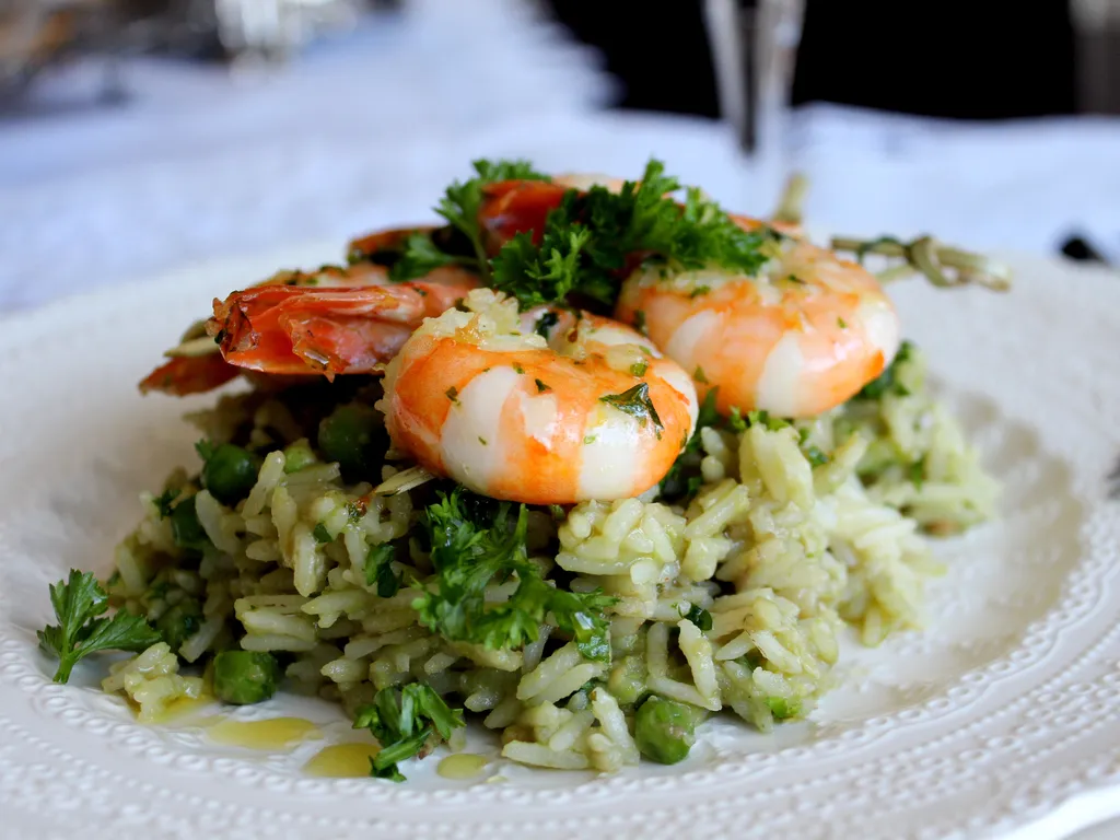 Avocado Rice with grilled shrimp